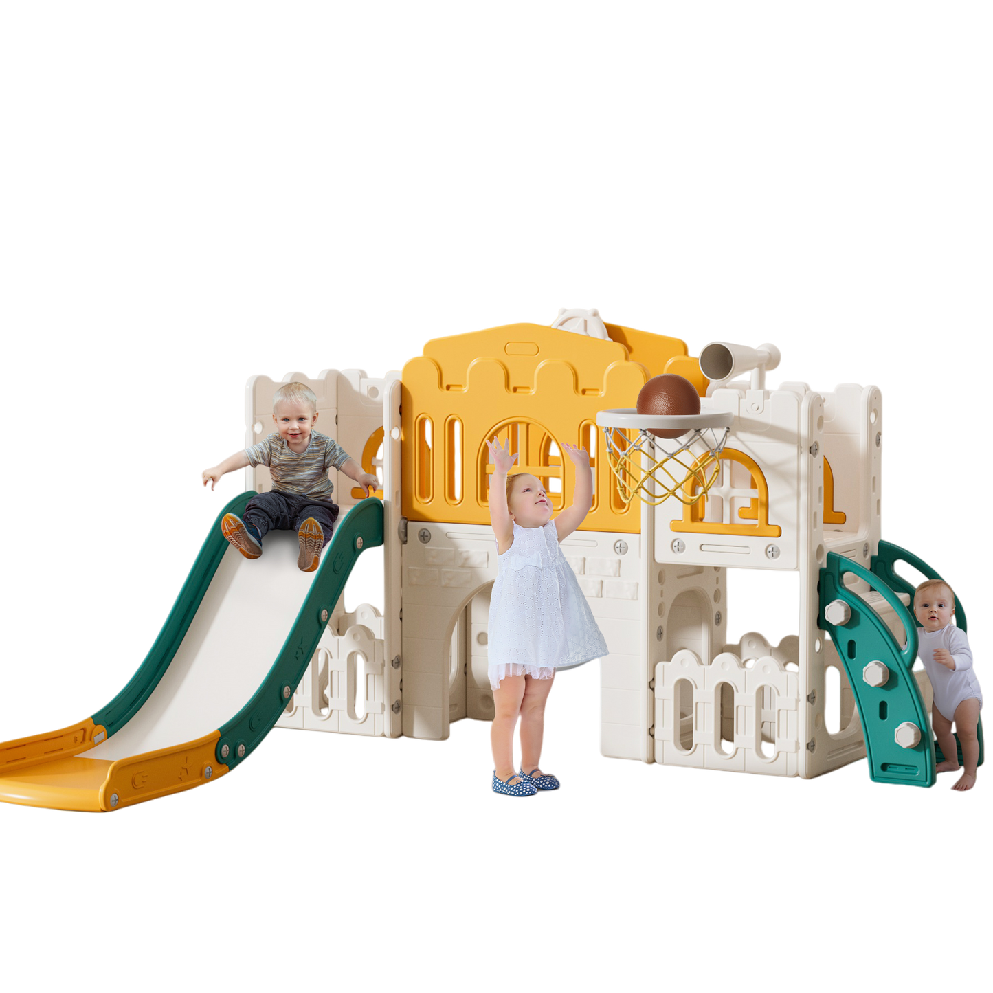 WFUN 9 IN 1 GREEN Indoor Kids Playset with Playhouses for Girls Boys Age 1-3, Yellow