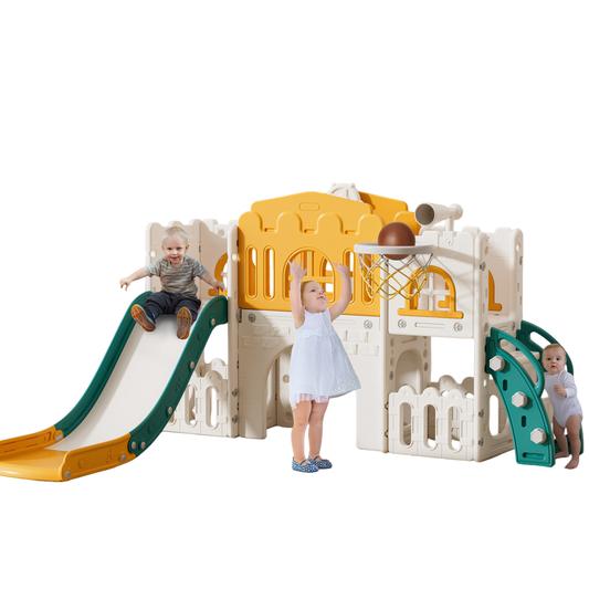 WFUN 9 IN 1 GREEN Indoor Kids Playset with Playhouses for Girls Boys Age 1-3, Yellow