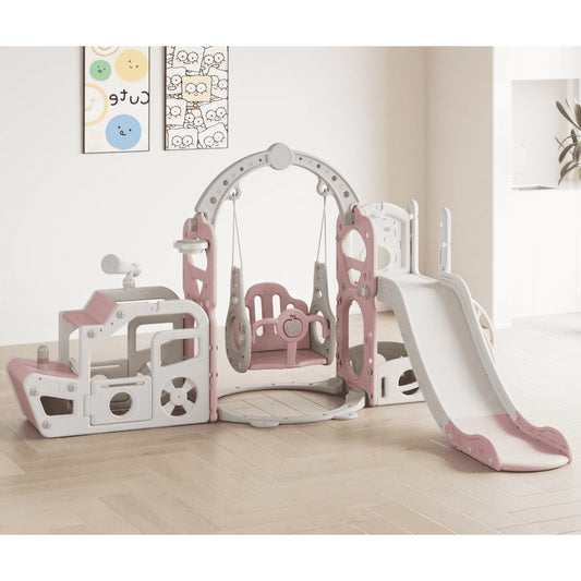 Indoor Swing Set with Slide & Spaceship Playhouse For Toddler Girls Age 1-3，Pink