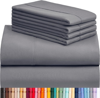 Bed Sheets Set with 6 Pieces，Extra Soft Made from Microfiber Deep Pocket Sheet Set, Cking Light Gray