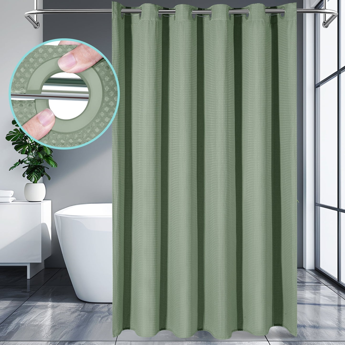 Cocosity Hookless Waffle Weave Waterproof Shower Curtain, 74" x 72", Green