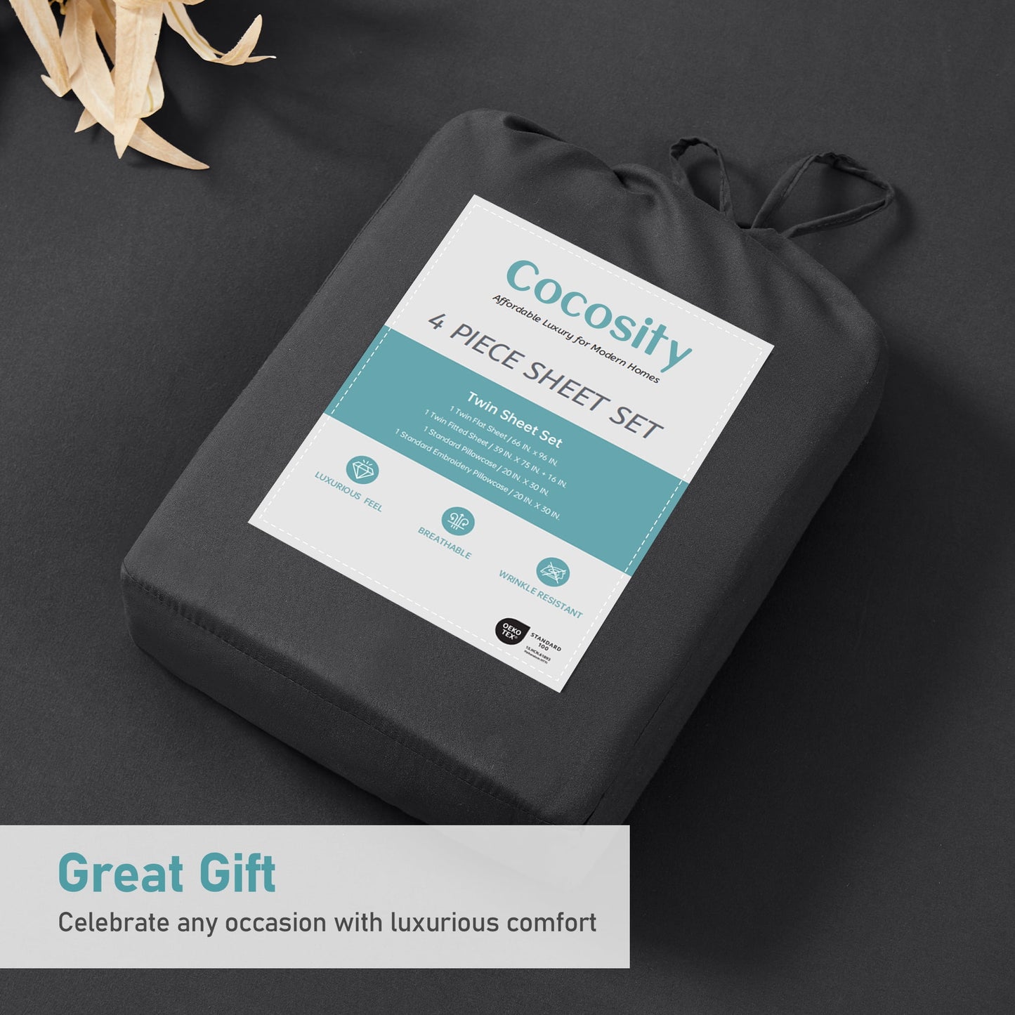 Polyester Microfiber Dark Twin Size 4 Piece Bed Sheets Set with 16-Inch Deep Pockets for Hotel Home Apartment School Bedding