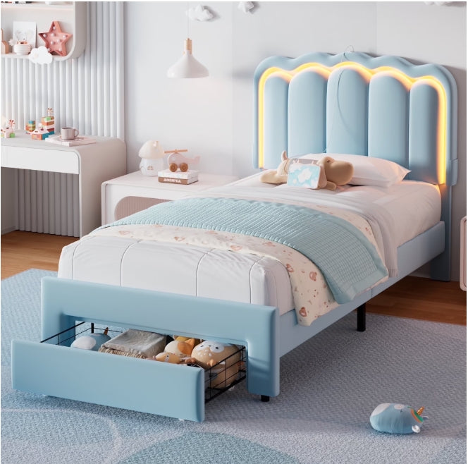 Cocosity Blue Soft Velvet Upholstered Platform Twin Size LED Bed Frame with Drawer Adjustable Lighted Headboard for Girls Kid's Bedroom, Blue