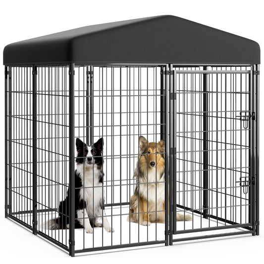 Anyask 4FT(D) x 4FT(W) x 4.5FT(H) Large Outdoor Heavy Duty Metal Dog Kennel Playpen with Sun/Rain Roof Top for Cat Duck Chicken
