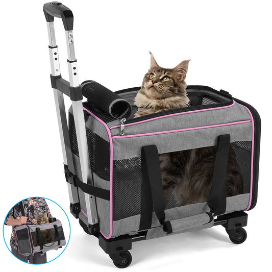 WFUN BLACK&PINK Cat Dog Carrier with Upgraded Wheel for Small Dogs and Cats-pink