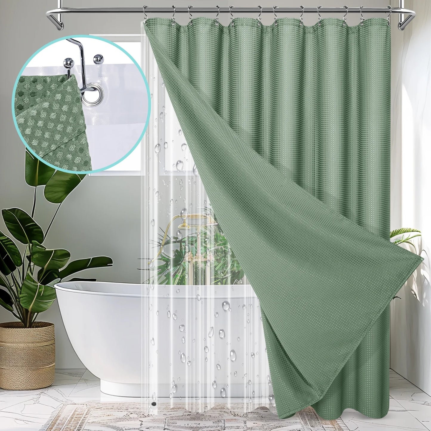 Cocosity Waffle Textured Heavy Duty Shower Curtains with PEVA Clear Shower Liner & Hooks - Green 72"x72"