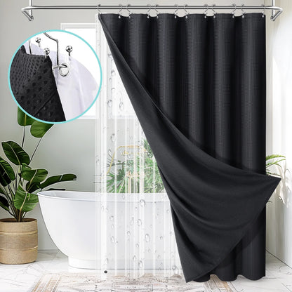 Cocosity Waffle Textured Heavy Duty Shower Curtains with PEVA Clear Shower Liner & Hooks - Black 72"x72"