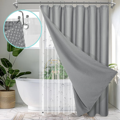 Cocosity Waffle Textured Heavy Duty Shower Curtains with PEVA Clear Shower Liner & Hooks - Gray 84"x72"