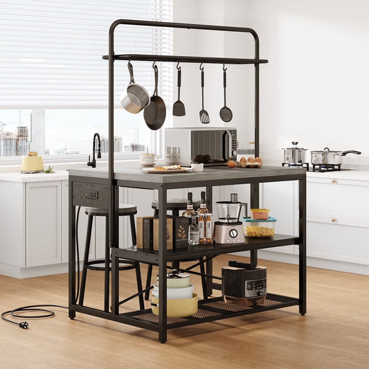 Versatile farmhouse Gray Kitchen Islands Table with Storage & 5 Hooks for Kitchen Dining Living Room