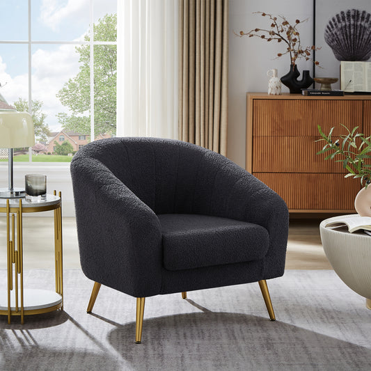 Modern Style Armchair, Casual Single Sofa Chair With Gold Metal Legs, Comfortable Lambskin Cushioned Armchair, Suitable For Living Room, Powder Room, Reading Room, Waiting Room, Dark Gray