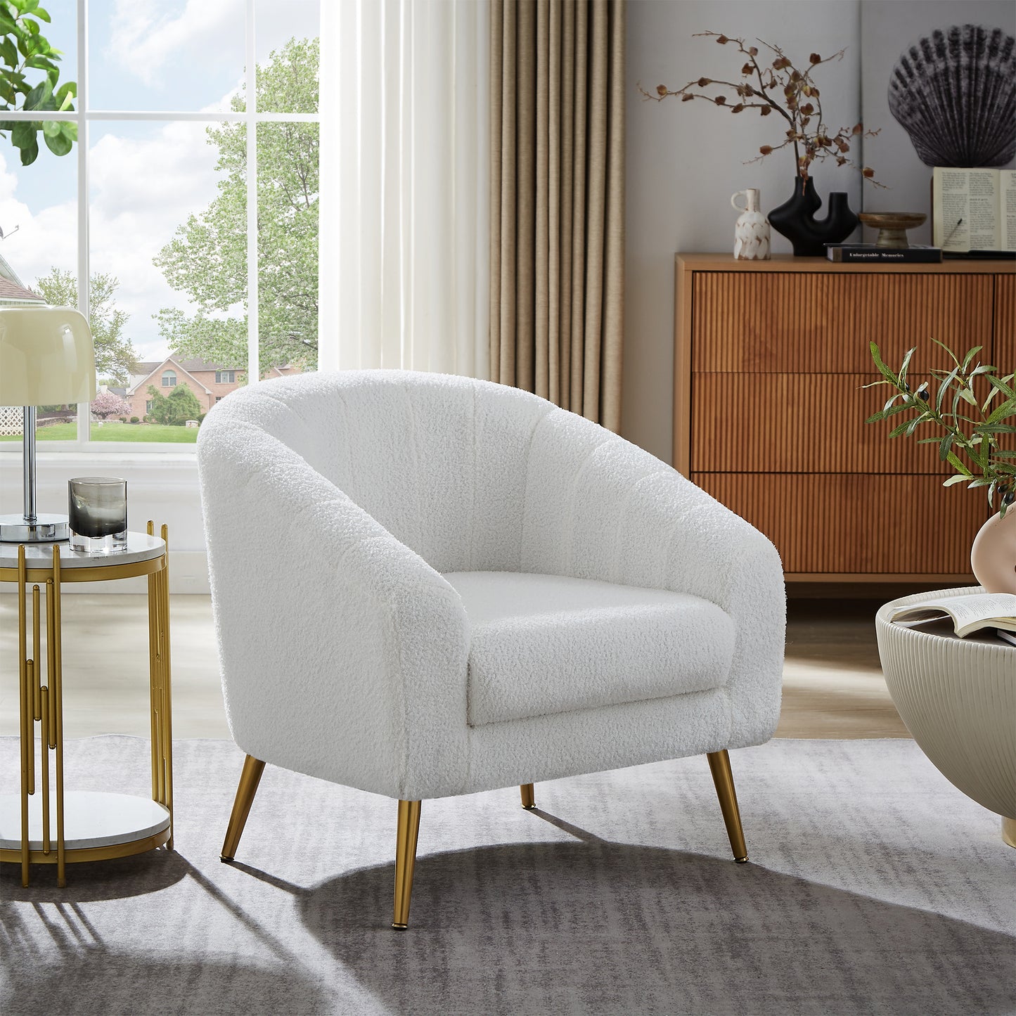 Modern Style Armchair, Casual Single Sofa Chair With Gold Metal Legs, Comfortable Lambskin Cushioned Armchair, Suitable For Living Room, Powder Room, Reading Room, Waiting Room, Beige