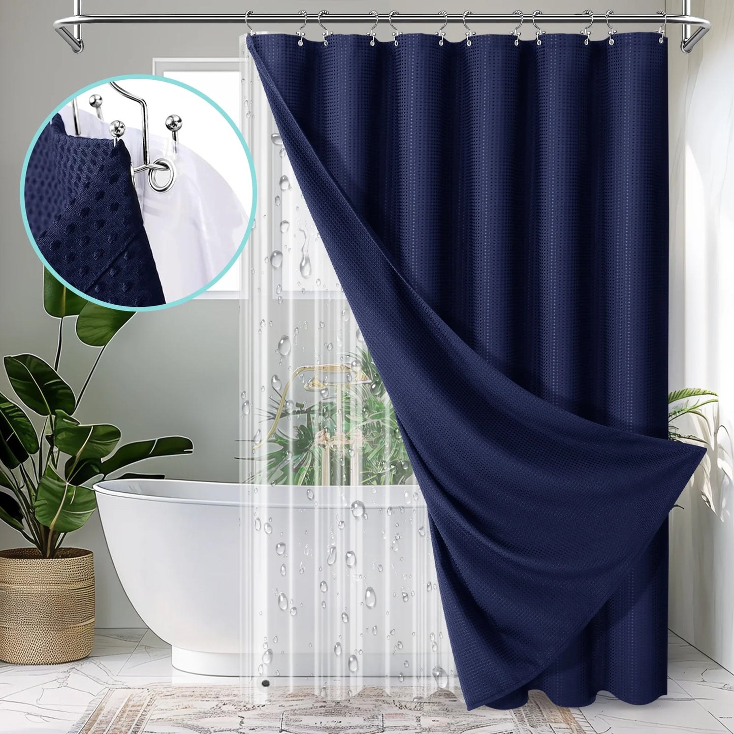 Cocosity Waffle Textured Heavy Duty Shower Curtains with PEVA Clear Shower Liner & Hooks - Blue 84"x72"