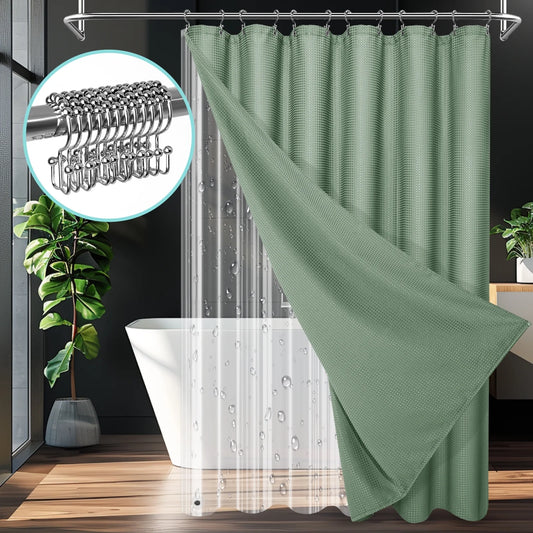 Cocosity Waffle Textured Heavy Duty Shower Curtains with PEVA Clear Shower Liner & Hooks - Green 84"x72"