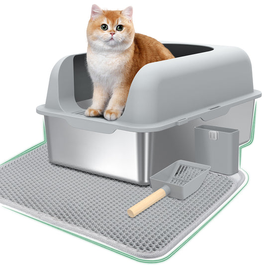 Anyask Stainless Steel Litter Box,Metal Litter Box for Big Cats with High Sided, Grey (Non-Sticky, Easy to Clean, Anti-Urine Leakage)