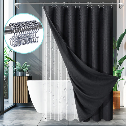 Cocosity Waffle Textured Heavy Duty Shower Curtains with PEVA Clear Shower Liner & Hooks - Black 84"x72"