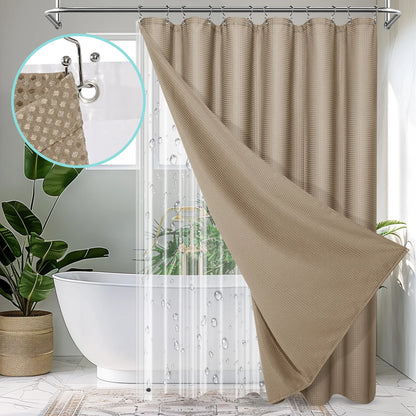 Cocosity Waffle Textured Heavy Duty Shower Curtains with PEVA Clear Shower Liner & Hooks - Brown 84"x72"