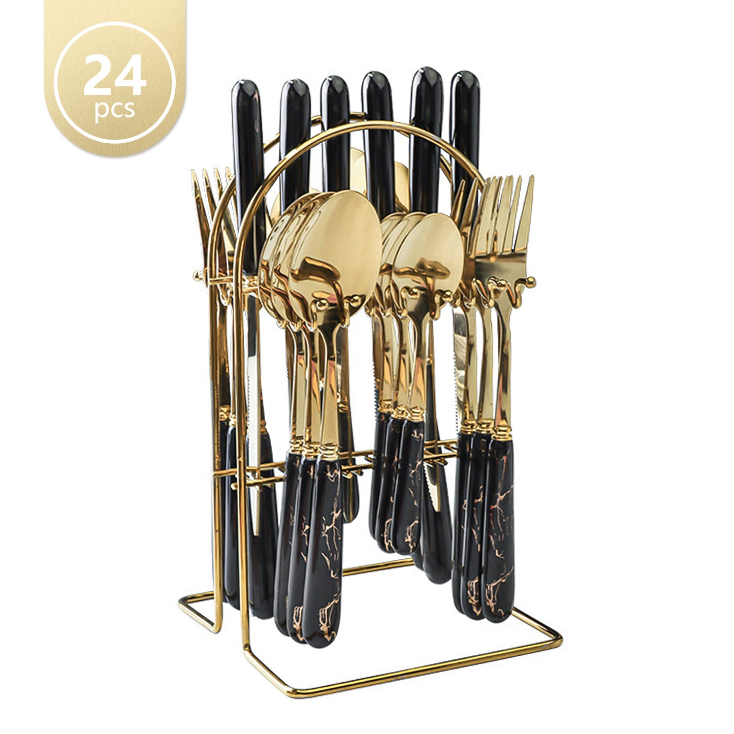 Cocosity 24 Piece Stainless Steel Flatware Set for 6, Mirror Polished Fork and Spoon Set with Ceramic Handled