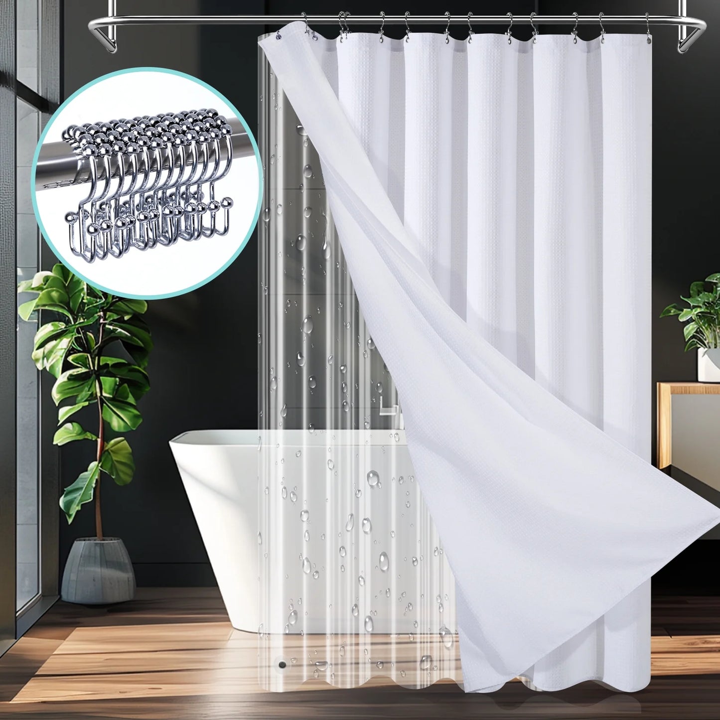 Cocosity Waffle Textured Heavy Duty Shower Curtains with PEVA Clear Shower Liner & Hooks - White 72"x72"