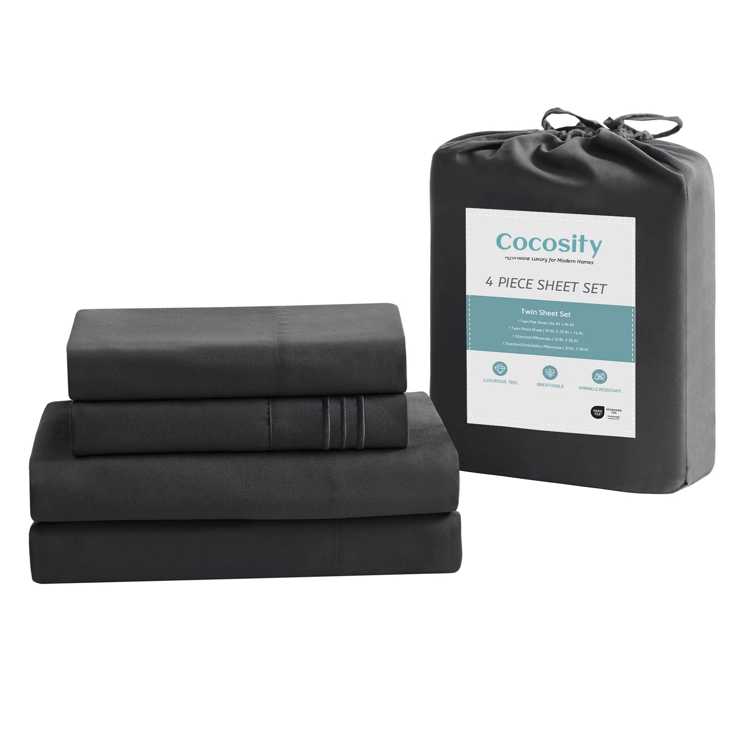 Polyester Microfiber Dark Twin Size 4 Piece Bed Sheets Set with 16-Inch Deep Pockets for Hotel Home Apartment School Bedding