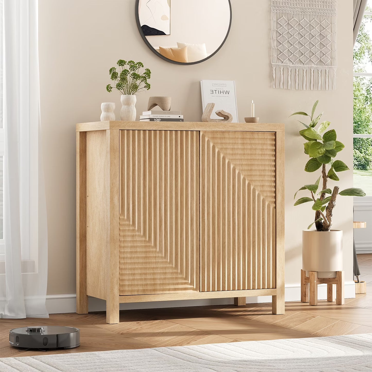 Modern Double door Fluted Wooden Sideboard Buffet Cabinet ,suitable for kitchen, Dining Room, Living Room,Brown