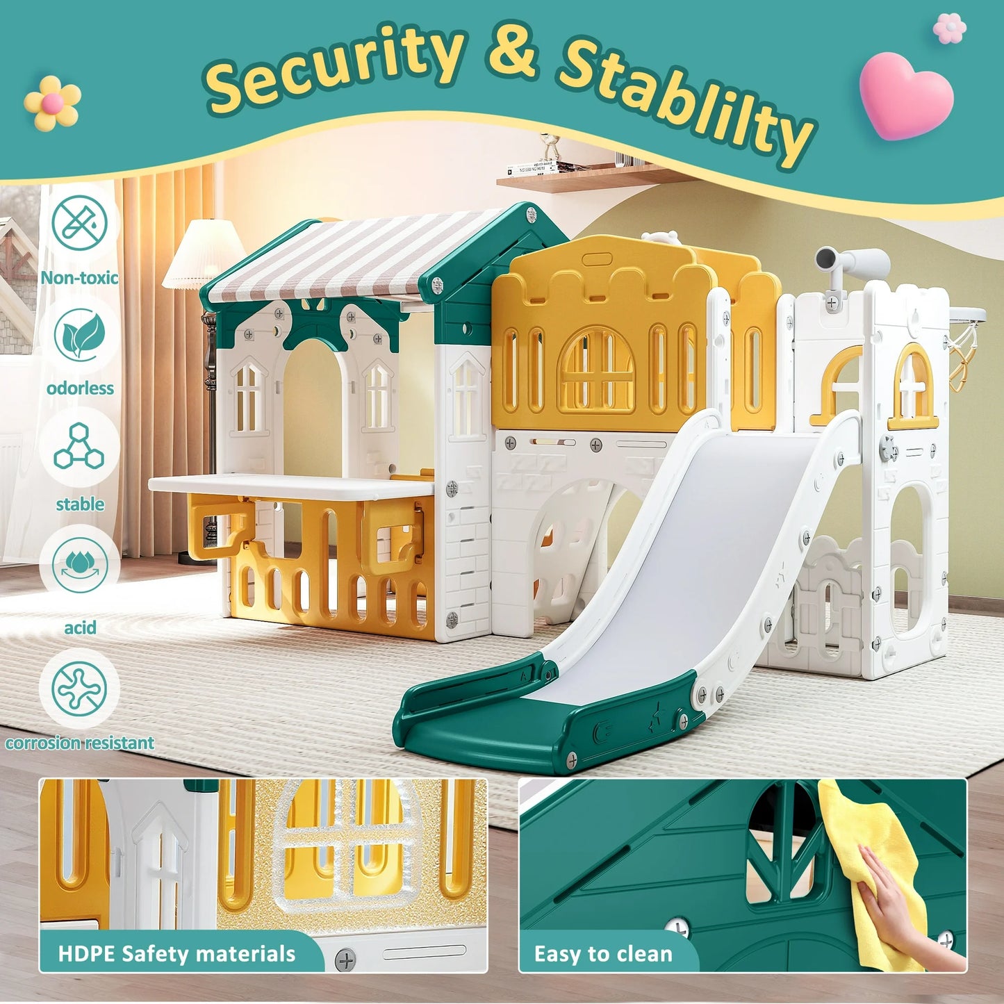 9 in 1 Indoor Infant Toddler Playground Slides Playset for Backyard Home, Yellow & Green