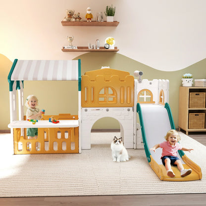 9 in 1 Indoor Infant Toddler Playground Slides Playset for Backyard Home, Yellow & Green