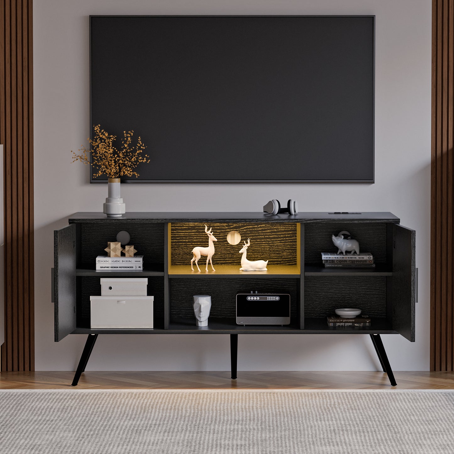 TV stand, Black Wood Grain TV Stand for Televisions up to 65'', TV Cabinet with RGB light strip and socket, Modern Entertainment Center, With Storages,Living room TV cabinet,Black