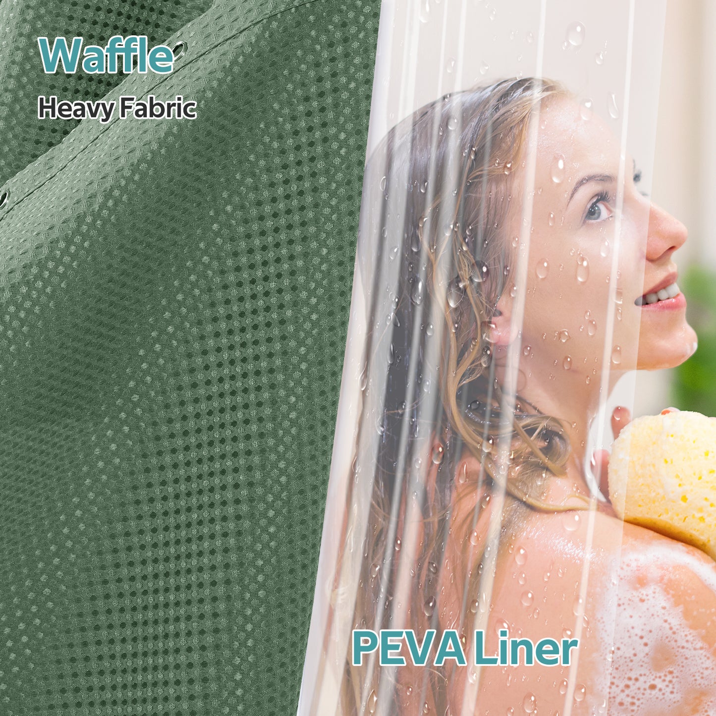 Cocosity Waffle Textured Heavy Duty Shower Curtains with PEVA Clear Shower Liner & Hooks - Green 84"x72"