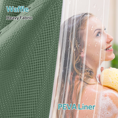 Cocosity Waffle Textured Heavy Duty Shower Curtains with PEVA Clear Shower Liner & Hooks - Green 84"x72"