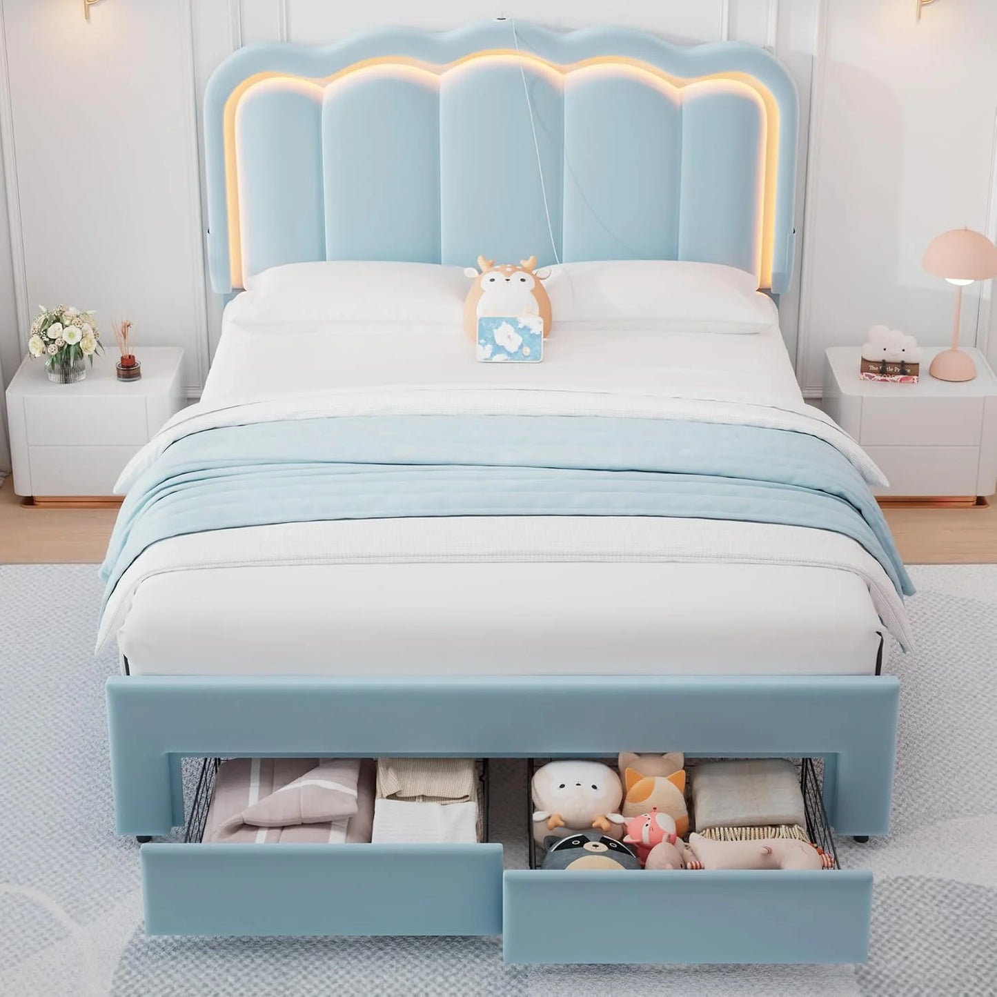 Soft Velvet Upholstered Platform Queen Size LED Bed Frame with Drawer Adjustable Lighted Headboard for Girls Kid's Bedroom, Blue