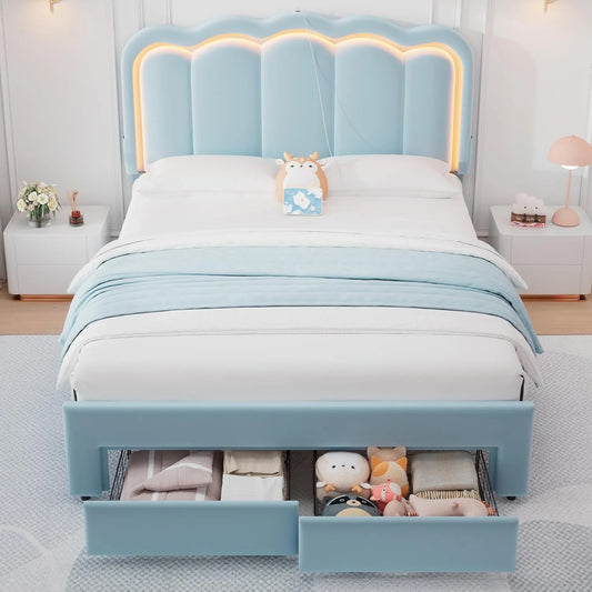 Soft Velvet Upholstered Platform Queen Size LED Bed Frame with Drawer Adjustable Lighted Headboard for Girls Kid's Bedroom, Blue