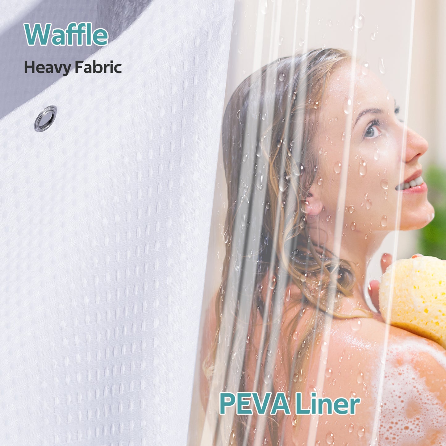 Cocosity Waffle Textured Heavy Duty Shower Curtains with PEVA Clear Shower Liner & Hooks - White 84"x72"