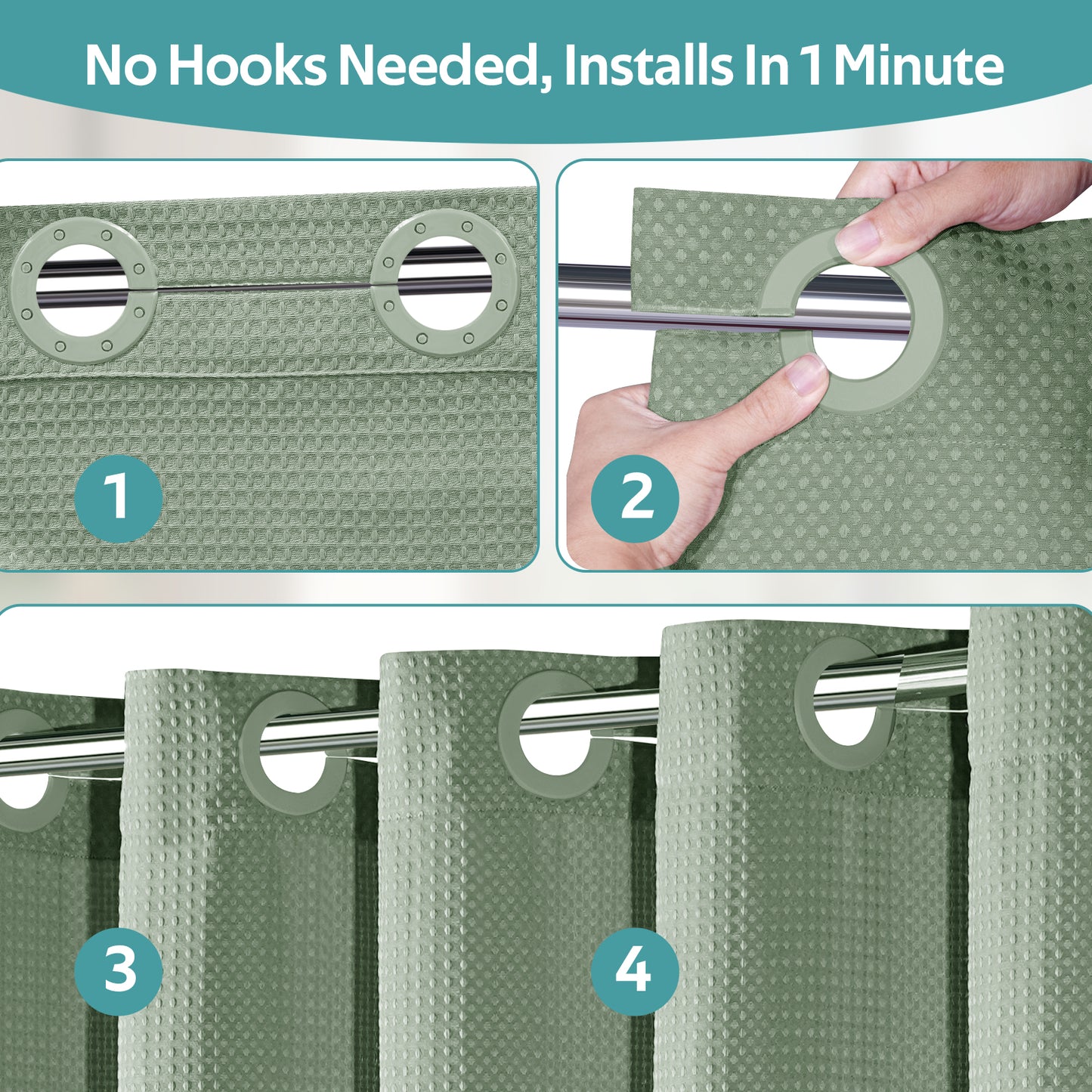 Cocosity Hookless Waffle Weave Waterproof Shower Curtain, 86" x 72", Green