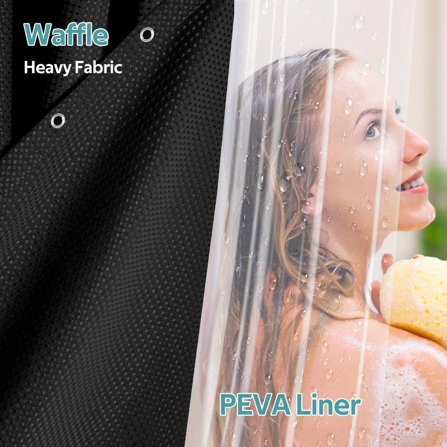 Cocosity Waffle Textured Heavy Duty Shower Curtains with PEVA Clear Shower Liner & Hooks - Black 72"x72"