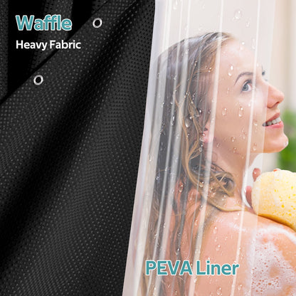 Cocosity Waffle Textured Heavy Duty Shower Curtains with PEVA Clear Shower Liner & Hooks - Black 72"x72"