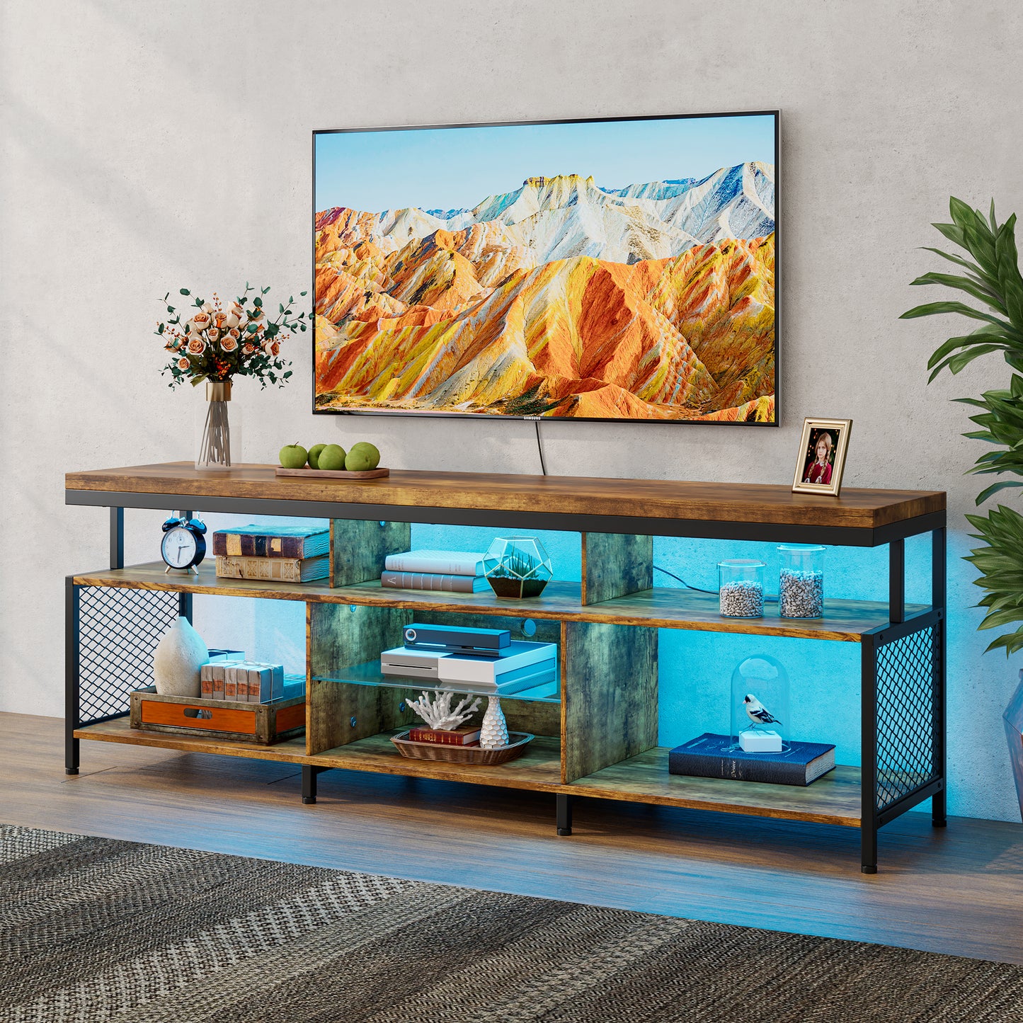 TV stand, Industrial TV Stand for Televisions up to 70'', TV Cabinet with RGB light strip and socket, Modern Entertainment Center, with Open Storages,Living room TV cabinet,Rustic Brown