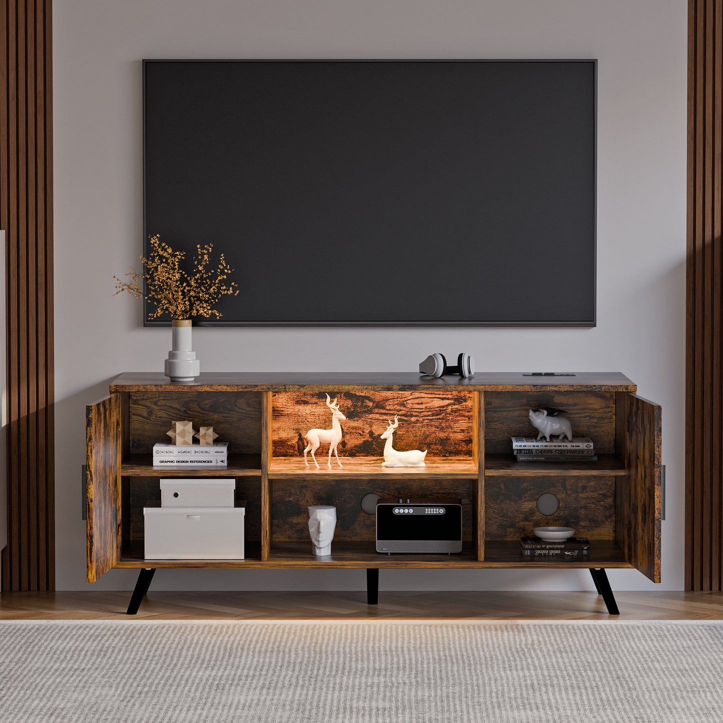 TV stand, Industrial TV Stand for Televisions up to 65'', TV stand with RGB light strip and socket, Modern Entertainment Center, TV stand with Storages,Living room TV stand,Rustic Brown