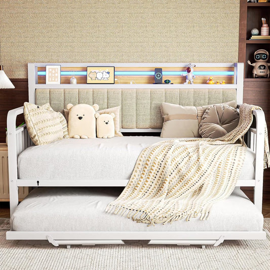 Modern Sturdy Metal Twin over Full Daybed Frame with Trundle & Upholstered LED Headboard for Small Room Apartment, White & Natural Wood