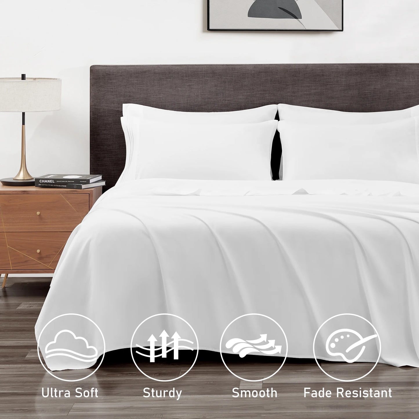 6 Piece Comfort Microfiber Bed Sheets for Queen Size Bedding for Hotel Home Apartment School Bedding White