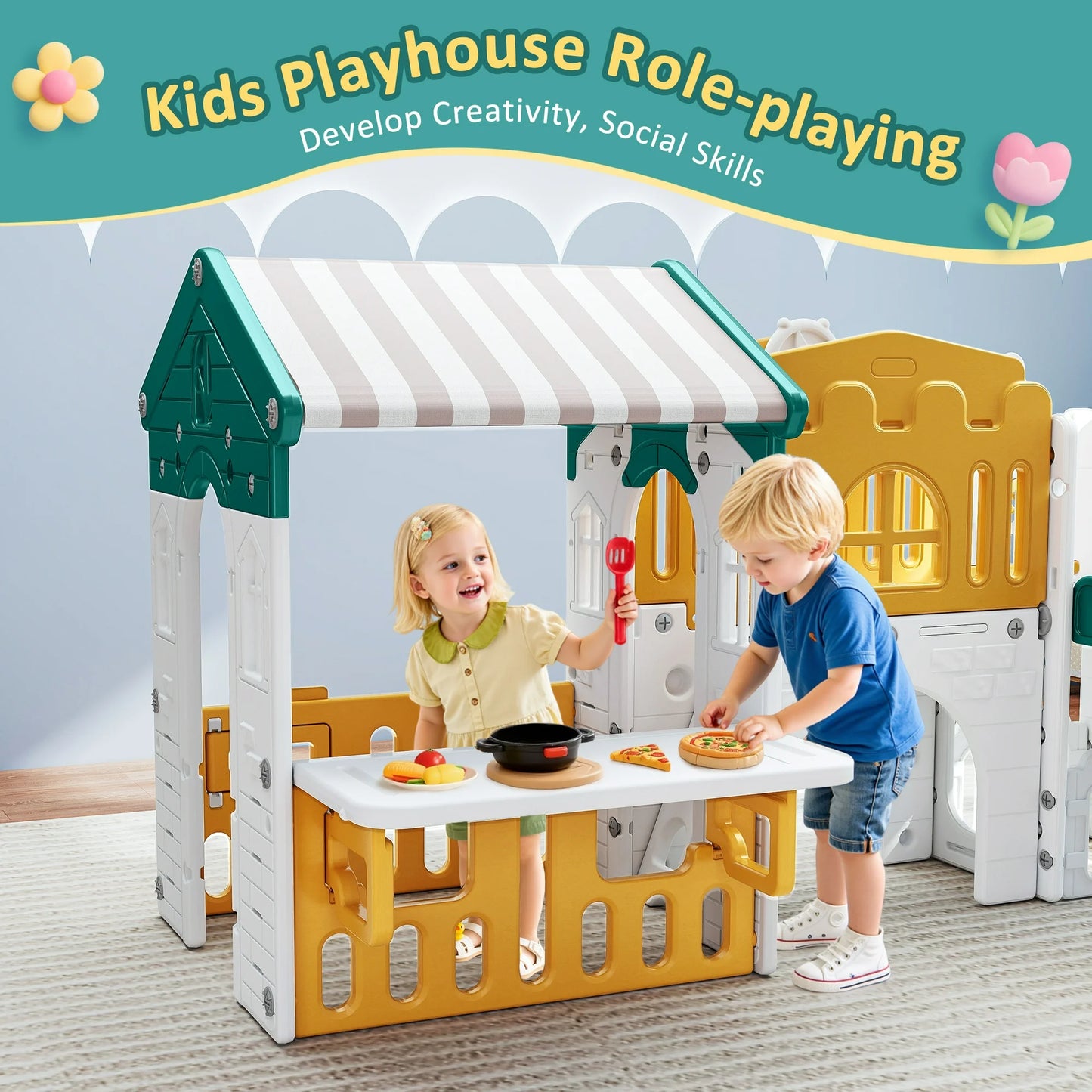 9 in 1 Indoor Infant Toddler Playground Slides Playset for Backyard Home, Yellow & Green