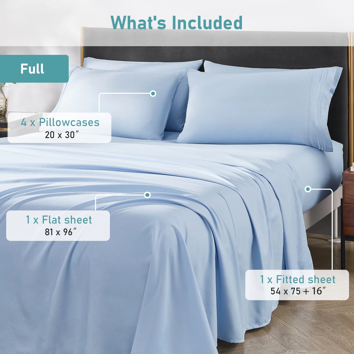 Bed Sheets Set with 6 Pieces，Extra Soft Made from Microfiber Deep Pocket Sheet Set, Full Blue