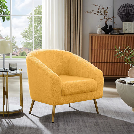 Modern Style Armchair, Casual Single Sofa Chair With Gold Metal Legs, Comfortable Lambskin Cushioned Armchair, Suitable For Living Room, Powder Room, Reading Room, Waiting Room, Yellow