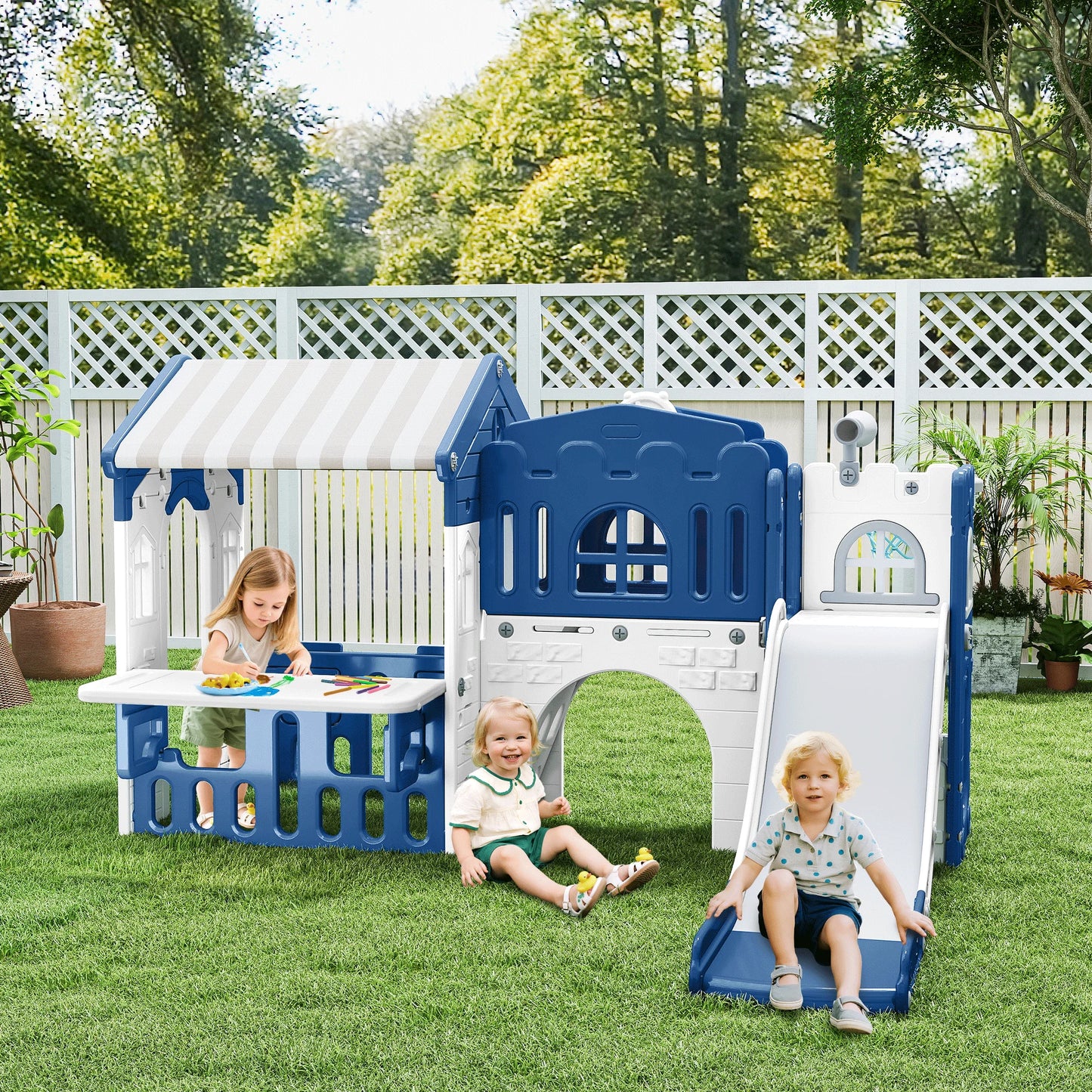 9 in 1 Indoor Infant Toddler Playground Slides Playset for Backyard Home, Blue & Gray
