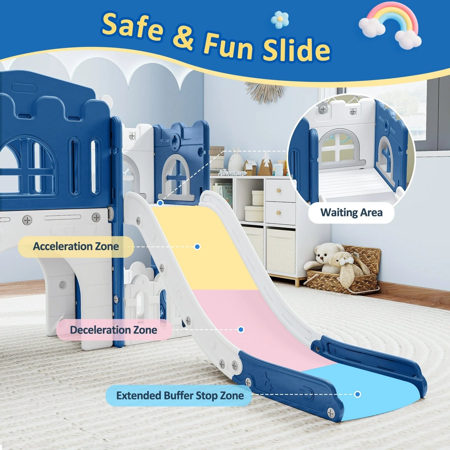 9 in 1 Indoor Infant Toddler Playground Slides Playset for Backyard Home, Blue & Gray