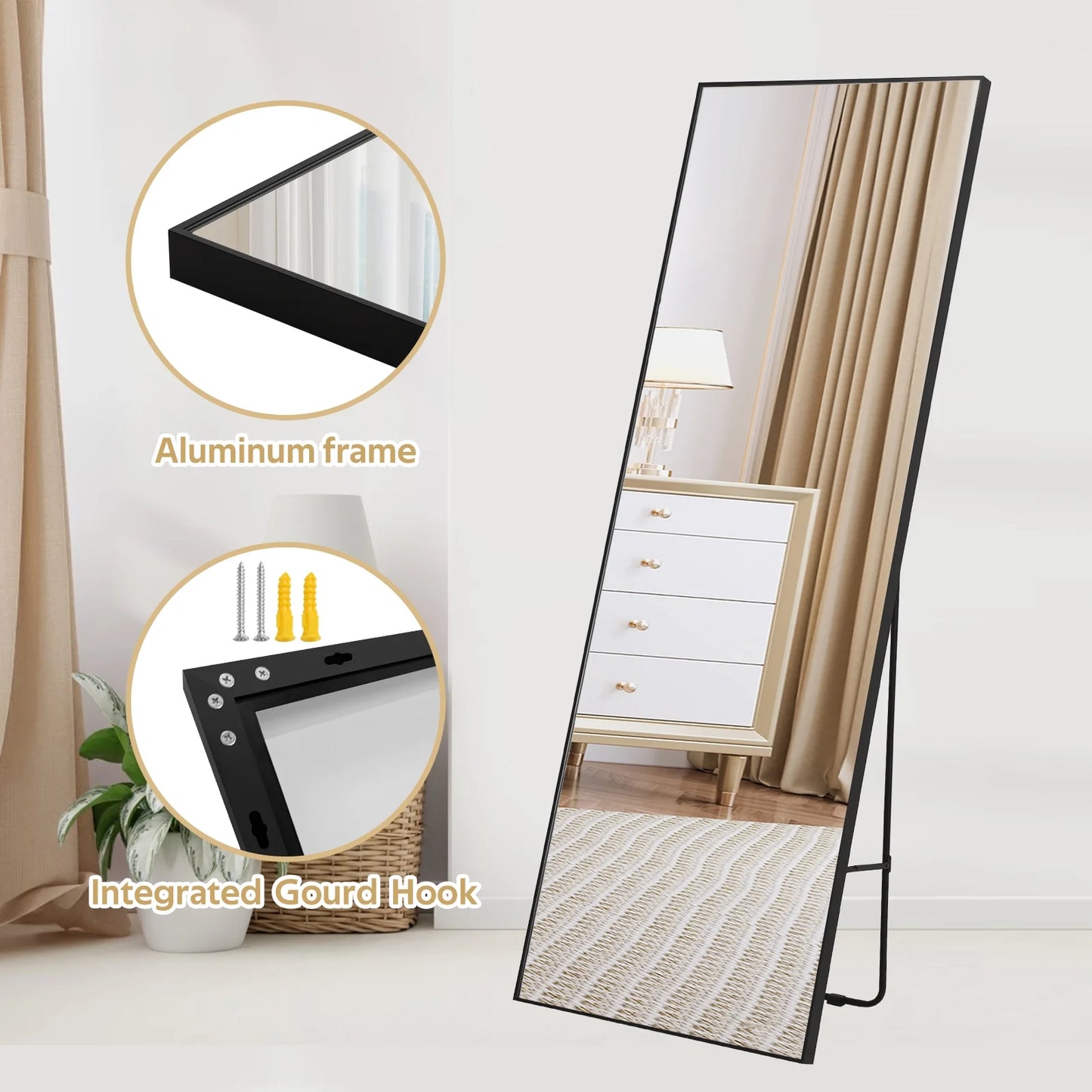 Anyask Rectangular Full Length Mirror for Bedroom, Living Room, Bathroom, Black 1.63cm