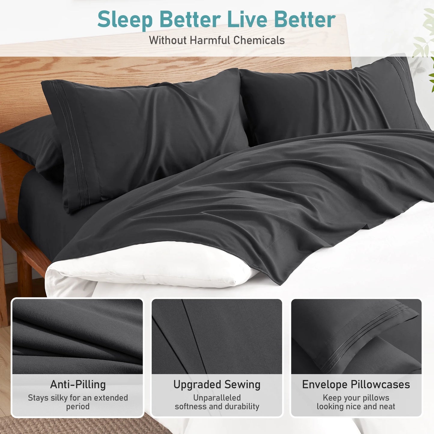 Polyester Microfiber Dark Twin Size 4 Piece Bed Sheets Set with 16-Inch Deep Pockets for Hotel Home Apartment School Bedding