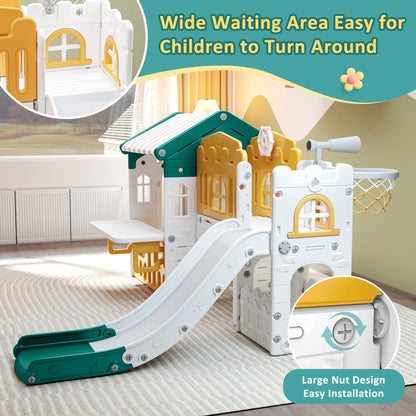 9 in 1 Indoor Infant Toddler Playground Slides Playset for Backyard Home, Yellow & Green