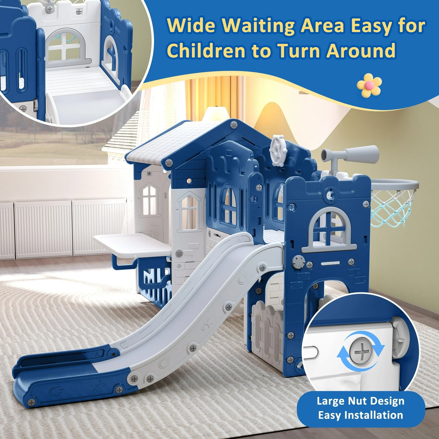 9 in 1 Indoor Infant Toddler Playground Slides Playset for Backyard Home, Blue & Gray