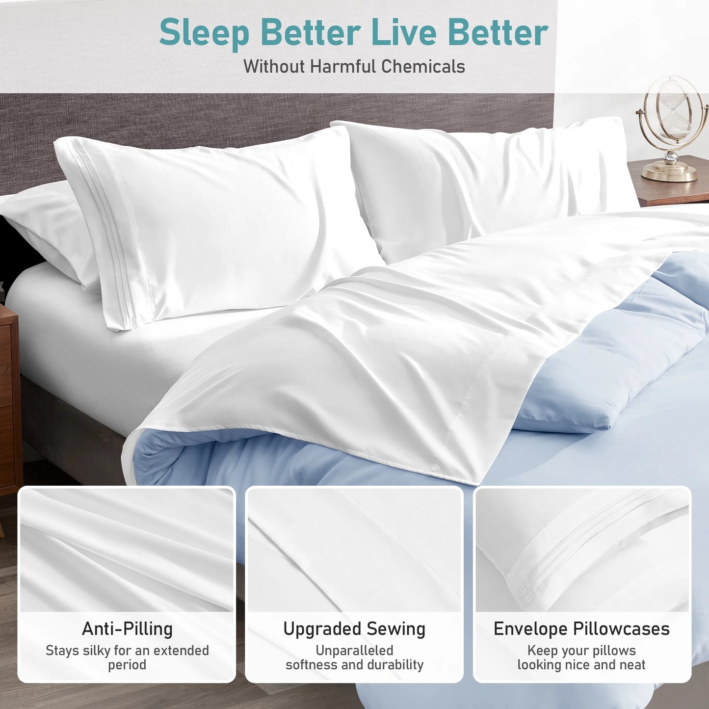 6 Piece Comfort Microfiber Bed Sheets for Queen Size Bedding for Hotel Home Apartment School Bedding White