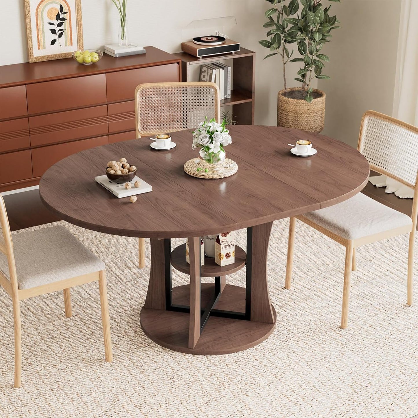 52" Farmhouse Brown Folding Kitchen Table with Wheels & Storage Shelf for Small Apartment